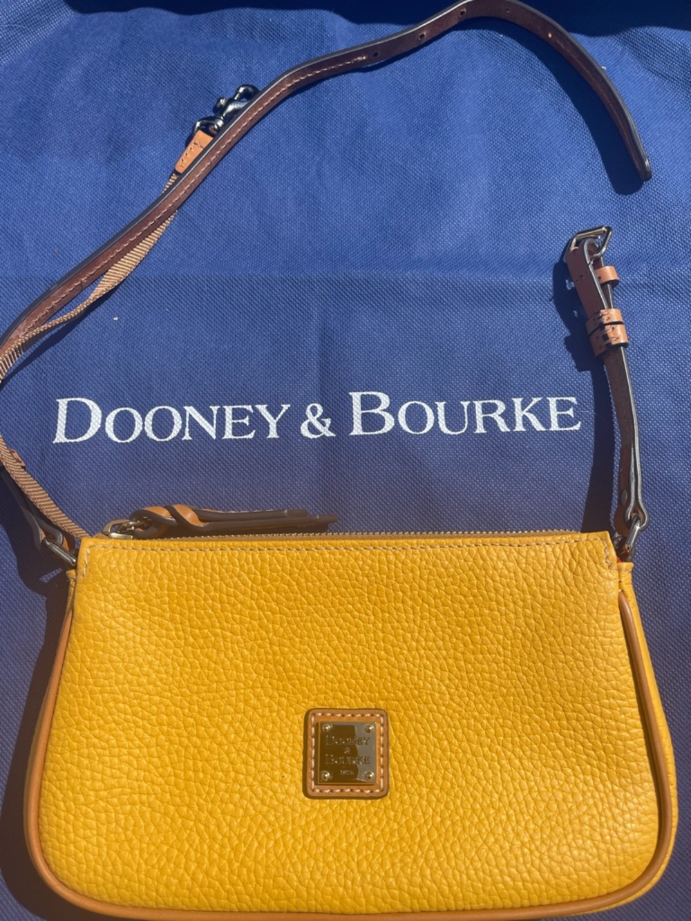 Dooney & Bourke Yellow/Gold Pebble Leather Crossbody with Brown Strap